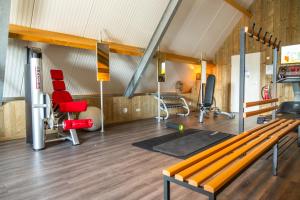 een fitnessruimte met een bank en wat fitnessapparatuur bij Comfort Rooms by EuroParcs Bad Hulckesteijn in Nijkerk