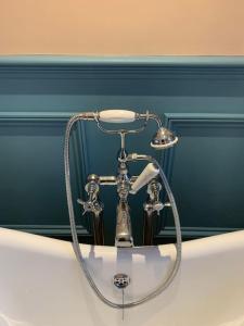 einem verchromten Duschkopf im Bad mit Waschbecken in der Unterkunft Georgian 5 storey house, seaviews, cinema room in Kent + 66 Fotos