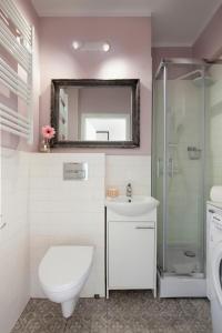 a bathroom with a toilet and a sink and a mirror at Elite Apartments Hewelius Prestige in Gdańsk