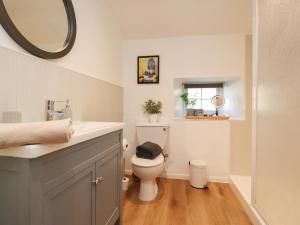a bathroom with a toilet and a sink and a mirror at Rose Cottage in Settle +18 photos
