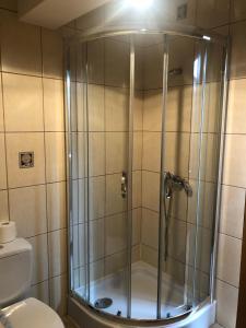 y baño con ducha y puerta de cristal. en Piątka noclegi- Łódź en Lodz