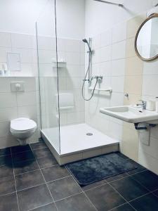 ein Bad mit einer Dusche, einem WC und einem Waschbecken in der Unterkunft cozy Monteurwohnung/WLAN in Bautzen