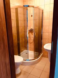 W łazience znajduje się prysznic, toaleta i umywalka. w obiekcie Piątka noclegi- Łódź w Łodzi