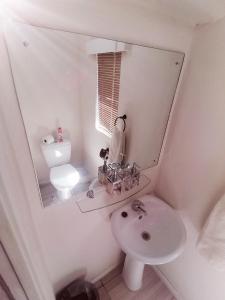 a bathroom with a sink and a mirror and a toilet at Toni's Cottage in Graaff-Reinet