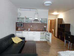 uma sala de estar com um sofá e uma cozinha em Apartmán Max Lipno em Lipno nad Vltavou