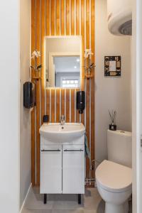 a bathroom with a sink and a toilet and a mirror at Romantic studio apartment - private entrance! in Pärnu