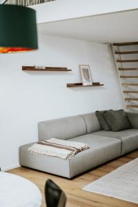 una sala de estar con un sofá gris en una habitación en Appartement Velbruck, en Lieja