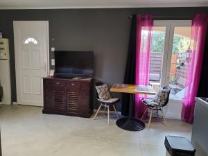 a living room with a television and a table and chairs at Studio Bouquet in Brouzet-lès-Alès