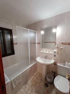 y baño con lavabo, ducha y aseo. en Hostal Residencia Taray, en Segovia