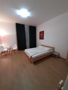 a bedroom with a bed and a table and chairs at Piata Unirii- 1 Room Studio Apartment in Timişoara