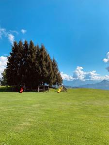 un gran campo de césped con árboles y un parque infantil en Resort Monte Poieto, en Aviatico