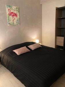 1 Schlafzimmer mit einem schwarzen Bett und 2 Kissen in der Unterkunft Gîte Doumenc in Thierville-sur-Meuse