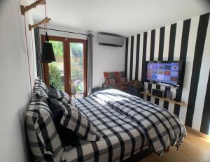 um quarto com uma cama e uma televisão de ecrã plano em Appartement avec Jacuzzi - Climatisation - Parking em Bordeaux