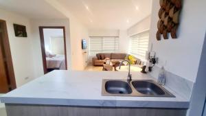 Una cocina con fregadero y una sala de estar. en Suite Torre Sol OmniHospital Torre Médica, en Guayaquil