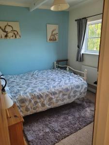 a bedroom with a bed in a blue room at Two Bedroomed House near Newark & Grantham 