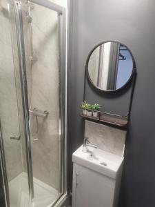 ein Badezimmer mit Dusche, Toilette und Spiegel in der Unterkunft Warwick St Studios in Leamington Spa + 7 Fotos