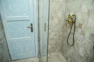 eine Dusche mit Glastür im Bad in der Unterkunft SibiuStayCentral in Sibiu