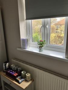 une fenêtre avec un radiateur et une table avec des fleurs. dans l'établissement Sixteen B, à York