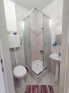 La salle de bains est pourvue d'une douche, de toilettes et d'un lavabo. dans l'établissement Villa Eko, à Bački Petrovac
