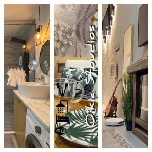 a collage of three pictures of a bathroom at OIKIASTUDIOS2 in Patra