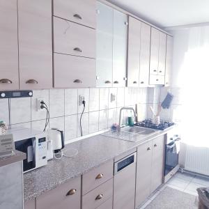 una cocina con armarios blancos y fregadero en Apartament Ana, en Topliţa