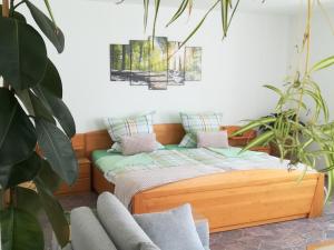 a bedroom with a bed and two plants at Ferienwohnung, Sauna & Gästekarte gratis im Schwarzwald in Baiersbronn