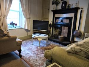 a living room with a fireplace and a tv at Ty Hen in Blaenau-Ffestiniog