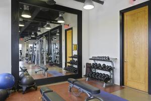 a gym with a large mirror and rows of equipment at Beautiful 2 BR Apartment At Pentagon City With Gym in Arlington