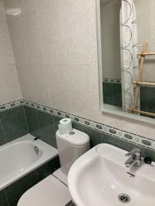 a bathroom with a sink and a toilet and a mirror at La Catedral Home in Burgos