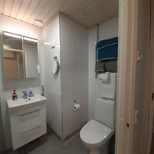 a white bathroom with a toilet and a sink at Viherkallio two room apartment with kitchen and balkony in Espoo +6 photos