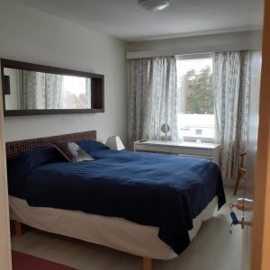 エスポーにあるViherkallio two room apartment with kitchen and balkonyのベッドルーム(青いベッド1台、窓付)