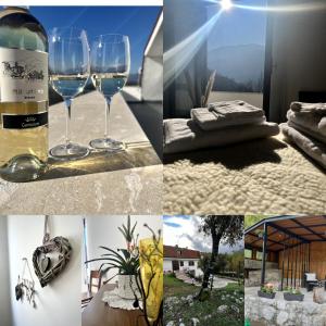 a collage of photos with wine glasses and a bottle of wine at Villa Riccardi in Atina