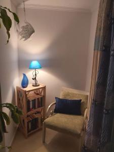 a room with a chair and a lamp and a bookcase at Tramontana Villa in Cala en Porter