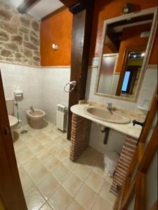 VargasにあるPosada La Capíaのバスルーム(洗面台、トイレ、鏡付)