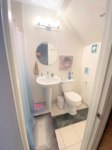 a bathroom with a white toilet and a sink at Bay Beach Bungalow in San Diego