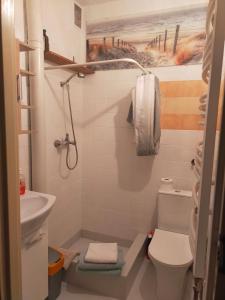 a small bathroom with a toilet and a sink at cicha przystan in Połczyn-Zdrój +7 photos