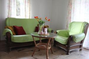 sala de estar con sofá verde, 2 sillas y mesa en Garden House nad jeziorem Szelment, en Przejma Wielka
