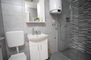 a bathroom with a toilet and a sink and a shower at Apartman Luka in Vinkovci