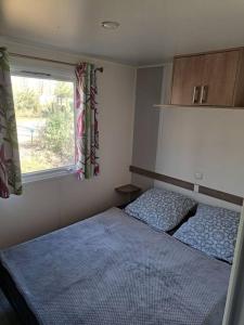 een slaapkamer met een bed en een raam bij Mobil home confort 6 personnes in Saint-Chéron