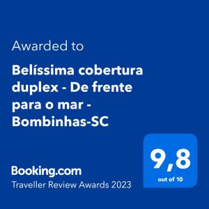 a screenshot of a cell phone with the text awarded to belissa cederaria at Belíssima cobertura duplex - De frente para o mar - Bombinhas-SC in Bombinhas