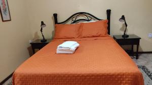 uma cama com um edredão laranja e dois candeeiros em Angra dos Reis, Bonfim Cond Refúgio do Corsário em Angra dos Reis