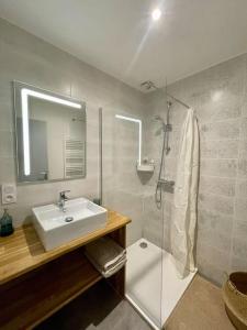 La salle de bains est pourvue d'un lavabo et d'une douche. dans l'établissement Appartement Cosy Hyper centre WIFI, à Rodez