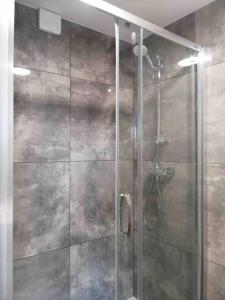 a shower with a glass door in a bathroom at beautiful located dome in Wapnica