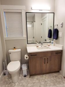 a bathroom with a toilet and a sink and a mirror at Feel like Home! in Langford