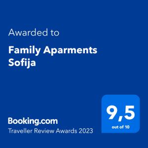 Palkinto, sertifikaatti, kyltti tai muu asiakirja, joka on esillä majoituspaikassa Family Aparments Sofija