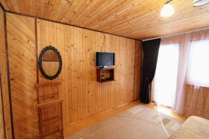 a room with a wooden wall with a mirror and a television at Багрівчанка in Yaremche