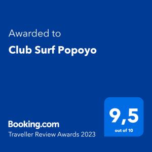 Majutusasutuses Club Surf Popoyo olev sertifikaat, autasu, silt või muu dokument