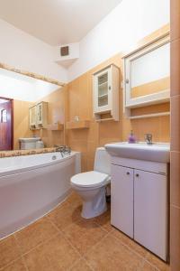 a bathroom with a tub and a toilet and a sink at Pensjonat Beskidzki in Bielsko-Biała