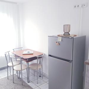 a kitchen with a table and a refrigerator at Apartament Ana in Topliţa
