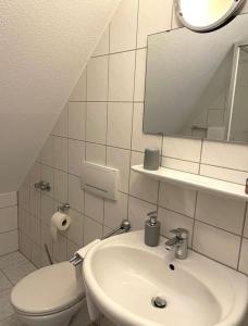 a bathroom with a sink and a toilet and a mirror at Restaurant San Marco in Ammerndorf